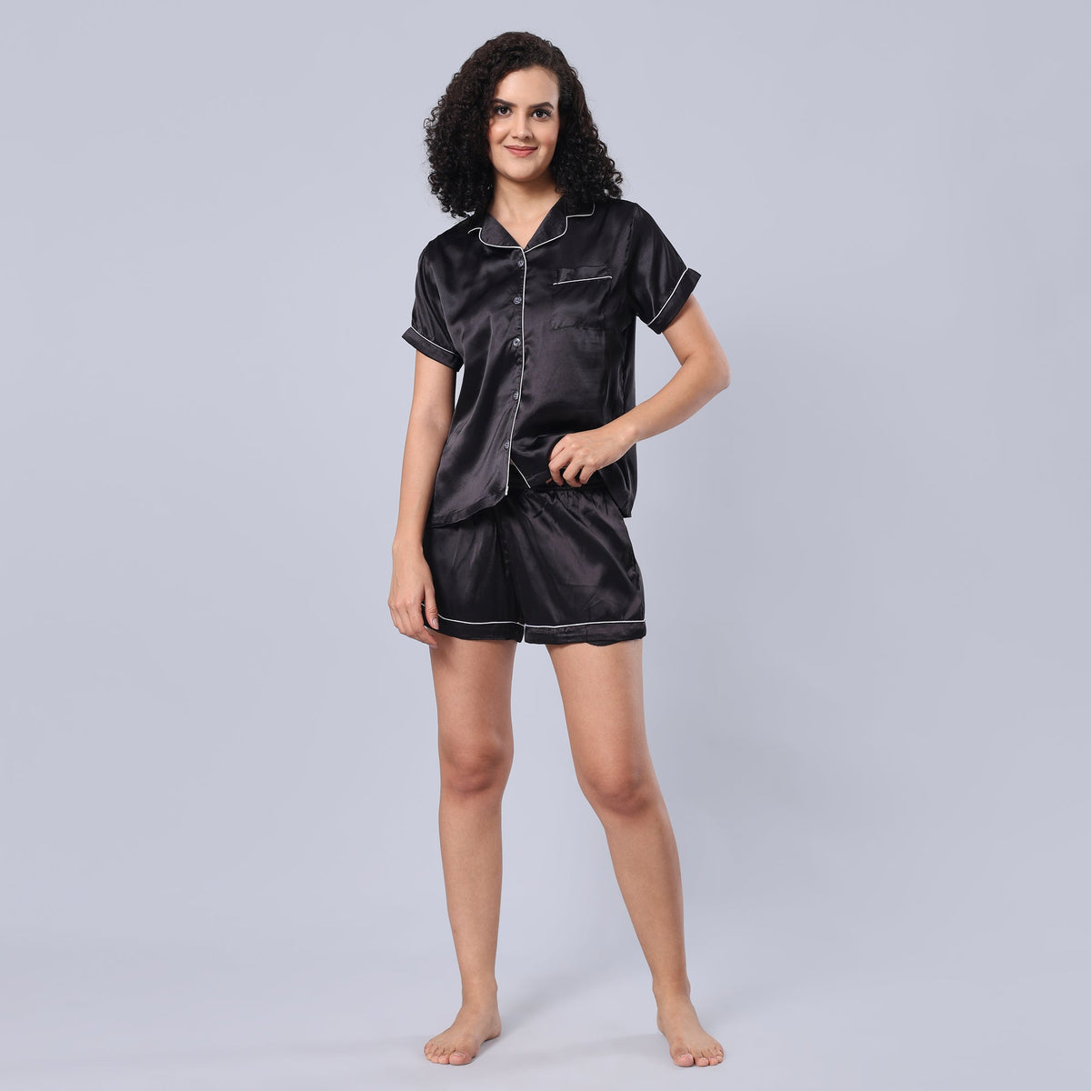 Satin Plain/Solid Night Suit Set of Top & Shorts