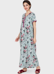 Evolove Women's Rayon Printed Maxi Nighty Sleepwear Super Comfortable (Grey Green)