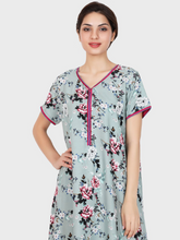 Evolove Women's Rayon Printed Maxi Nighty Sleepwear Super Comfortable (Grey Green)