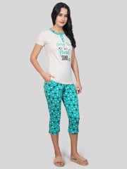 Evolove Women's Cotton Capri Pant & Top Night Suit Set Wear with Stylish 2 Side Pockets Pyjama Super Soft Cotton (Green)