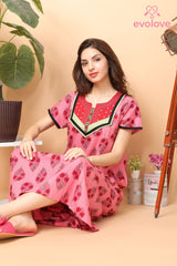 Evolove Women's Cotton Printed Maxi Nighty Sleepwear Super Comfortable & Soft Cotton (Pink)