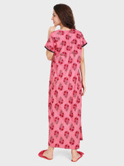 Evolove Women's Cotton Printed Maxi Nighty Sleepwear Super Comfortable & Soft Cotton (Pink)