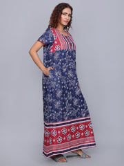 Evolove Women's 100% Cotton Printed Maxi Nightgown Long Nighty Sleepwear for Ladies Super Soft Comfortable Design (Navy Blue)