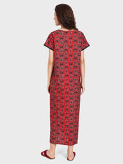 Evolove Women's Cotton Printed Maxi Nighty Sleepwear Super Comfortable & Soft Cotton (Maroon)