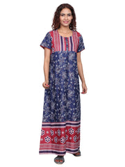 Evolove Women's 100% Cotton Printed Maxi Nightgown Long Nighty Sleepwear for Ladies Super Soft Comfortable Design (Navy Blue)