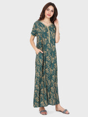 Evolove Women's Rayon Printed Maxi Nighty Sleepwear Super Comfortable (Teal Green)