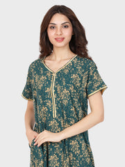 Evolove Women's Rayon Printed Maxi Nighty Sleepwear Super Comfortable (Teal Green)