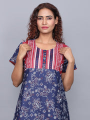 Evolove Women's 100% Cotton Printed Maxi Nightgown Long Nighty Sleepwear for Ladies Super Soft Comfortable Design (Navy Blue)