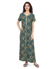 Evolove Women's Rayon Printed Maxi Nighty Sleepwear Super Comfortable (Teal Green)