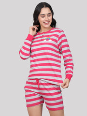 Evolove Women's 100% Cotton Shorts Set | Round Neck Full Sleeves Tshirt Shorts with Pockets Super Soft Comfortable ( Grey Melange & Fuchsia)