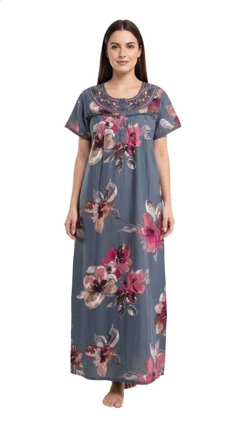 🌸 Alpine Women’s Printed Long Nightgown | Short Sleeves | Full-Length | Side Pocket | Soft Comfortable Nightwear