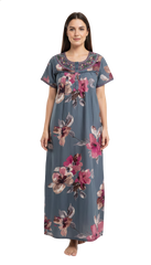 🌸 Alpine Women’s Printed Long Nightgown | Short Sleeves | Full-Length | Side Pocket | Soft Comfortable Nightwear