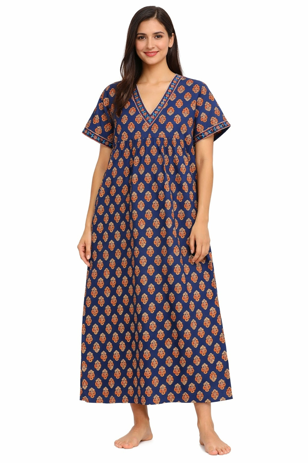 Women’s Cotton Printed Maxi Nightgown | Comfortable Loose Fit Long Night Dress | Soft Breathable Nightwear with Short Sleeves