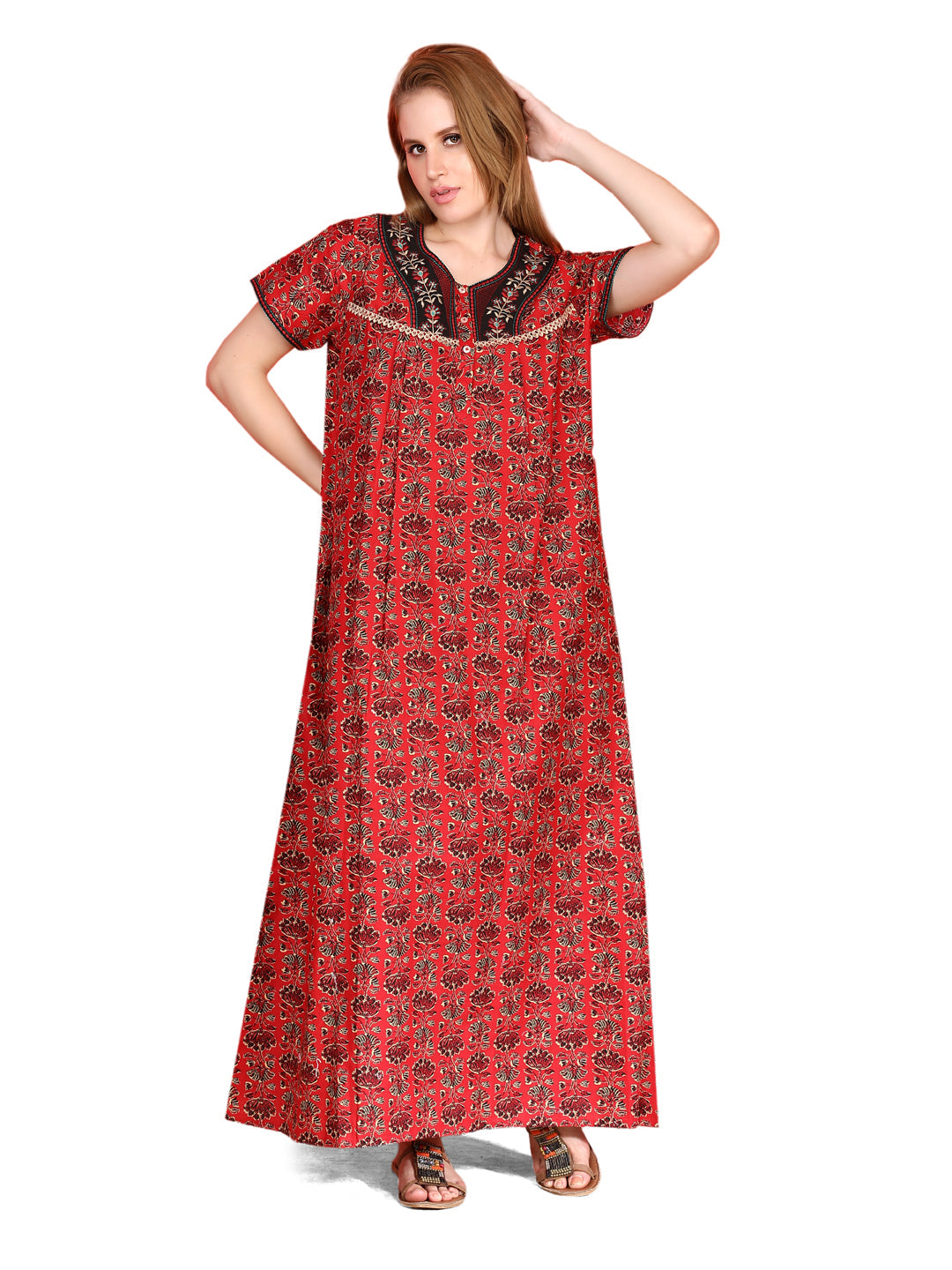 🌸 Evolove Cotton Nighty Maxi for Women Printed Short Sleeves | Full-Length | Side Pocket