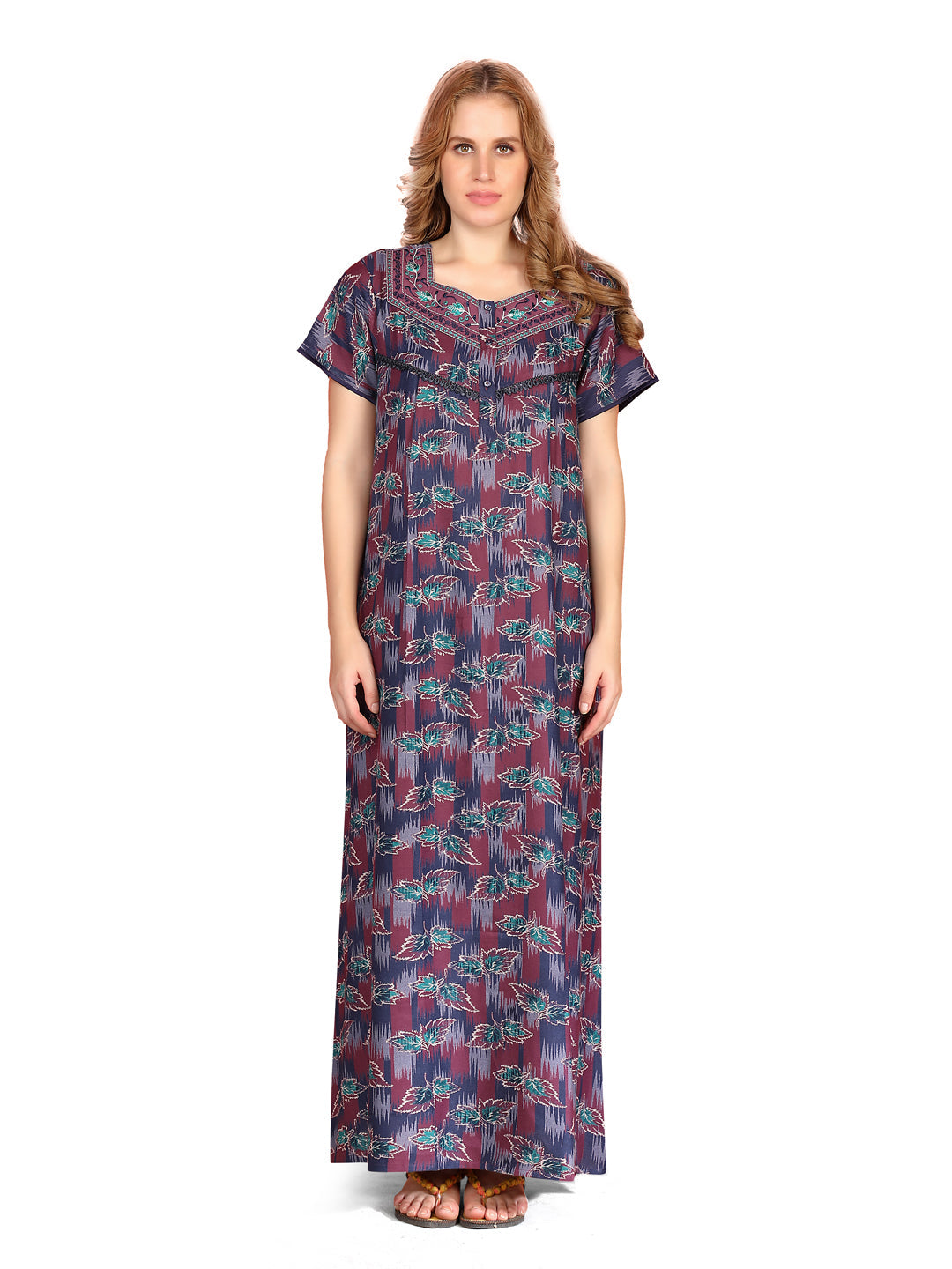 🌸 Evolove Alpine Nighty with Side Pocket & Neckline Embroidery | Full-Length | Side Pocket