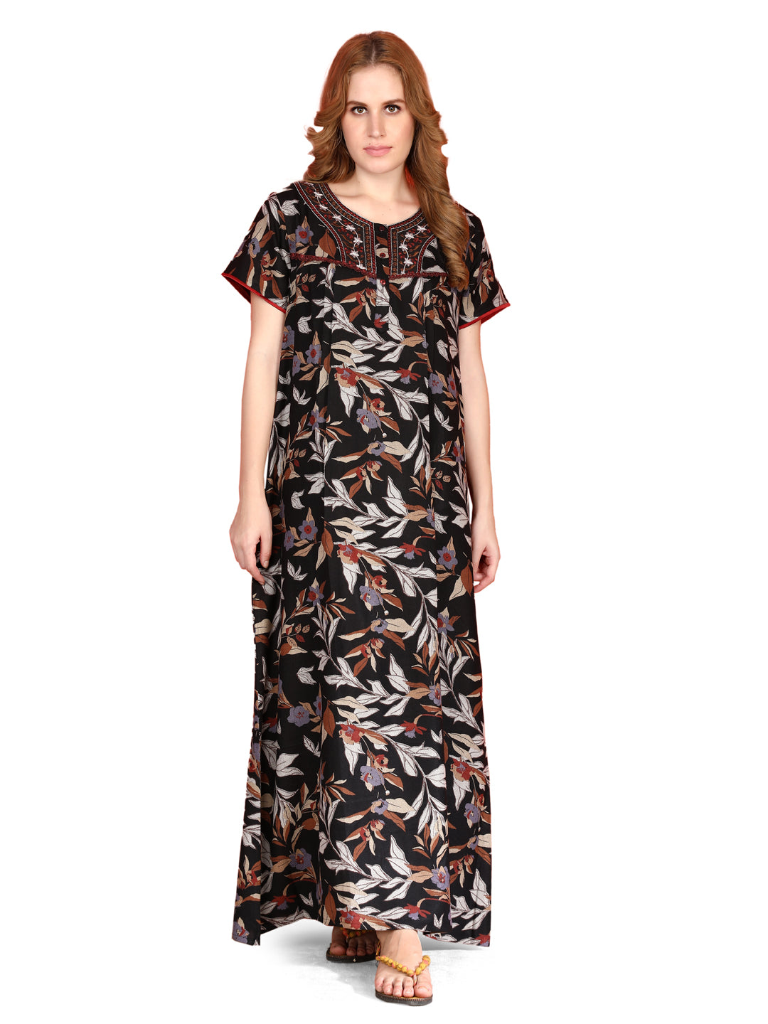 🌸 Evolove Alpine Nighty with Side Pocket & Neckline Embroidery | Full-Length | Side Pocket