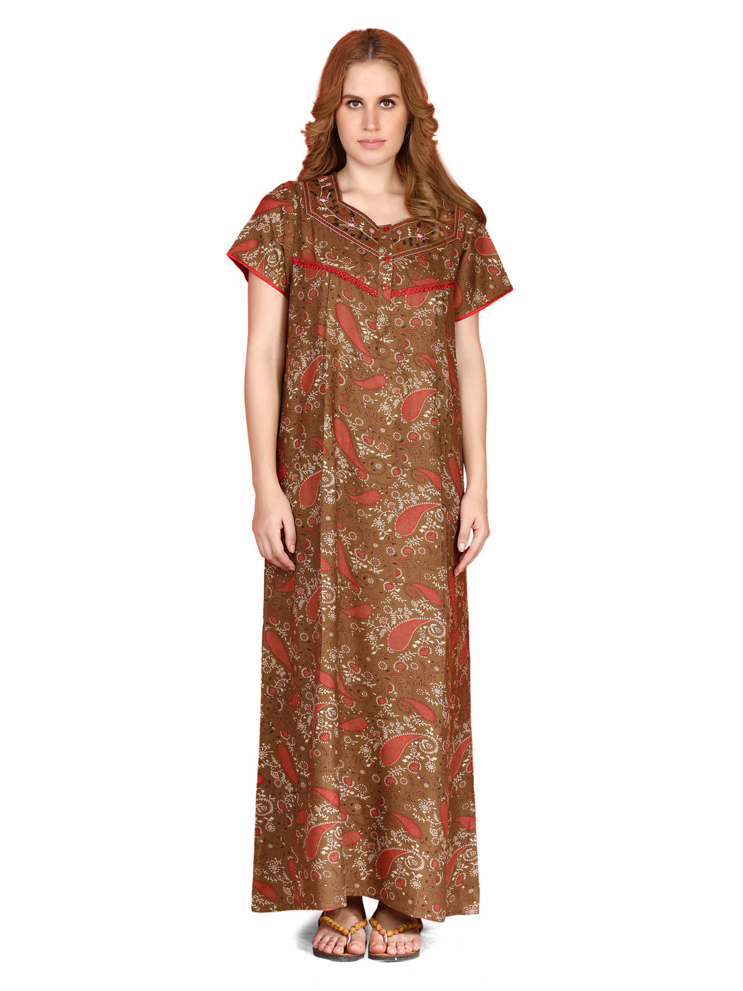 🌸 Evolove Alpine Nighty with Side Pocket & Neckline Embroidery | Full-Length | Side Pocket