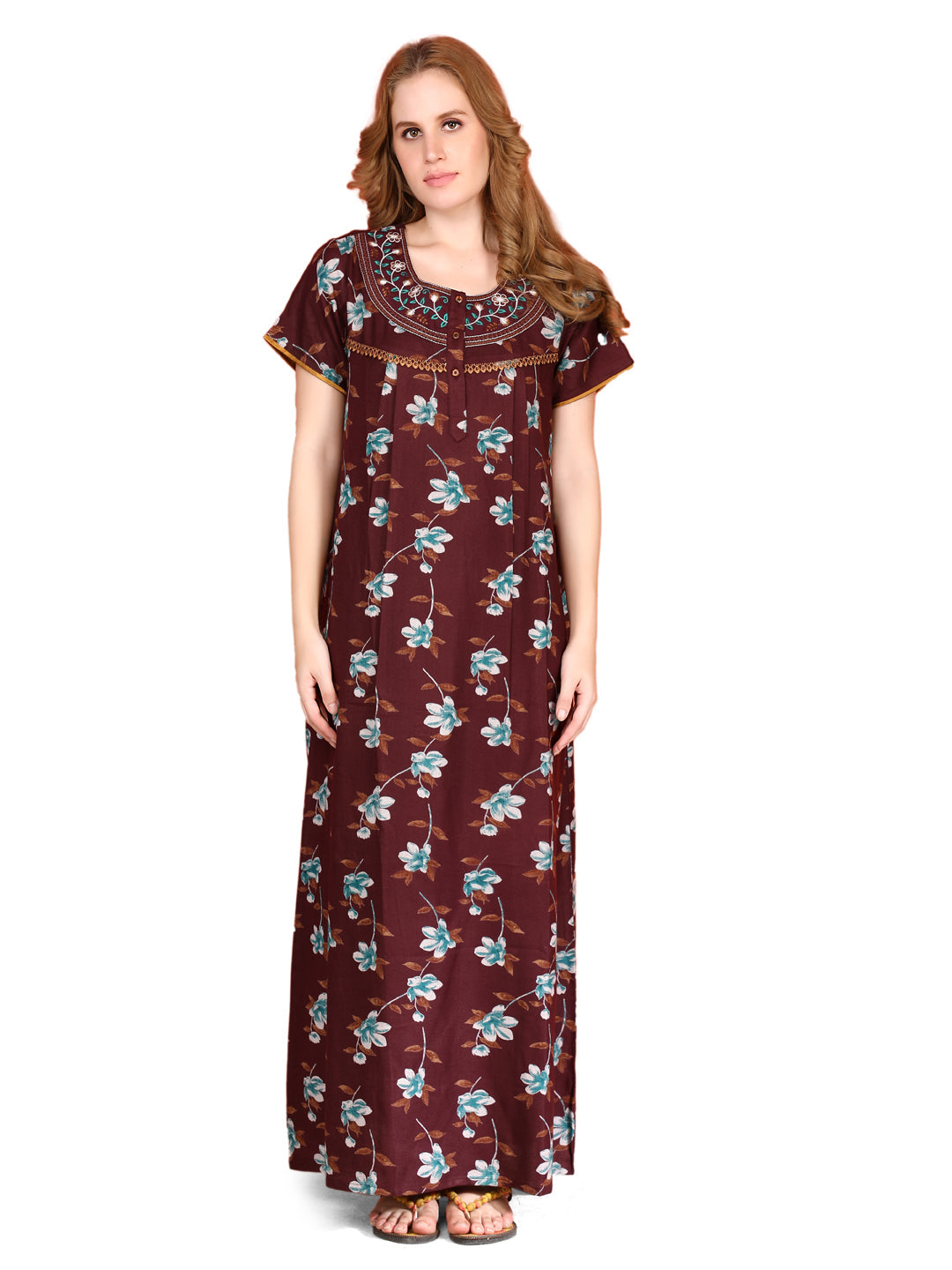 🌸 Evolove Alpine Nighty with Side Pocket & Neckline Embroidery | Full-Length | Side Pocket