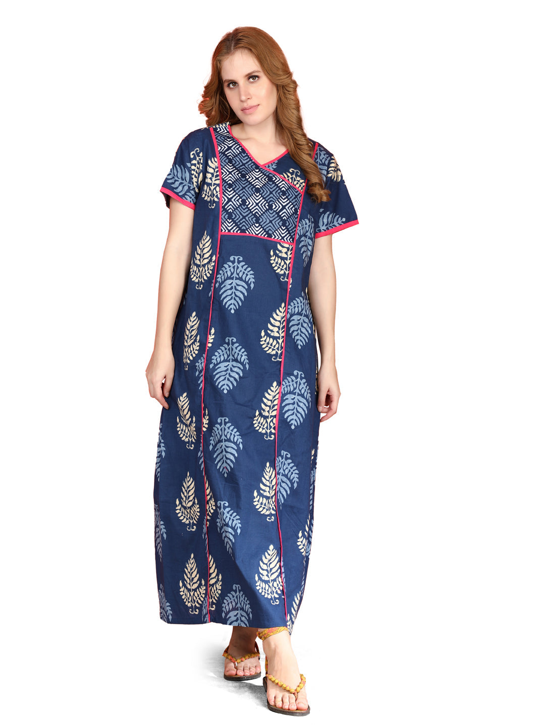 🌸 Evolove Cotton Nighty Maxi for Women Printed Short Sleeves | Full-Length | Side Pocket
