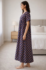 Women’s Cotton Printed Maxi Nightgown | Comfortable Loose Fit Long Night Dress | Soft Breathable Nightwear with Short Sleeves