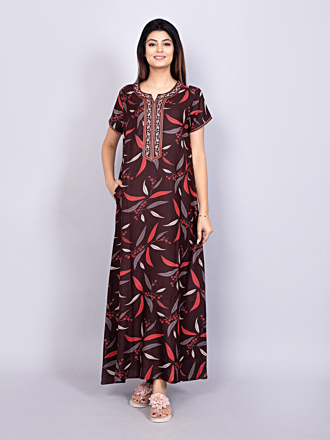 Alpine Nighty with Side Pocket & Neckline Embroidery | Printed