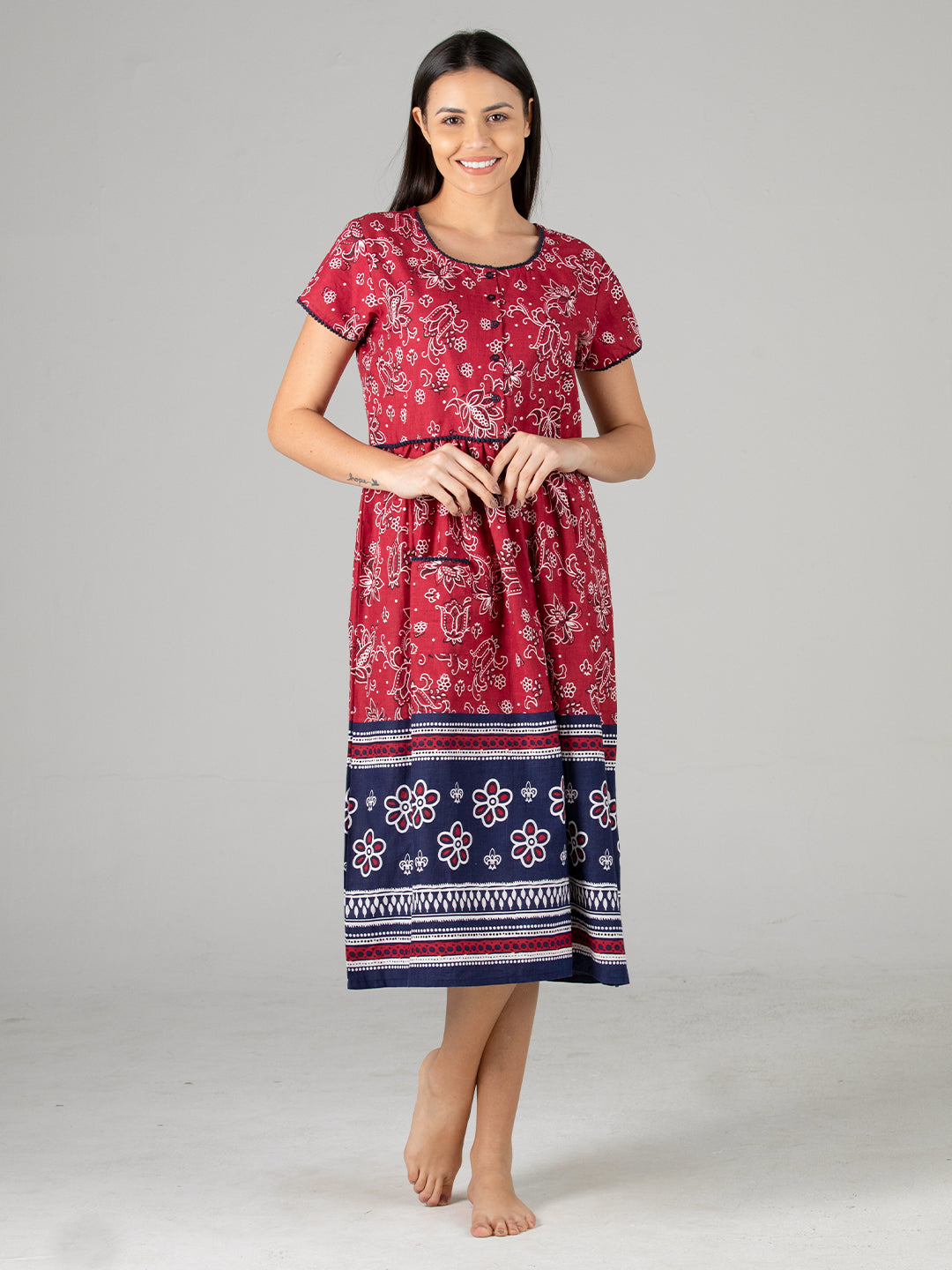 Women’s Maroon Printed Ankle Length Nighty with Short Sleeves (ANGCO3042MN)