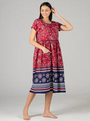 Women’s Maroon Printed Ankle Length Nighty with Short Sleeves (ANGCO3042MN)