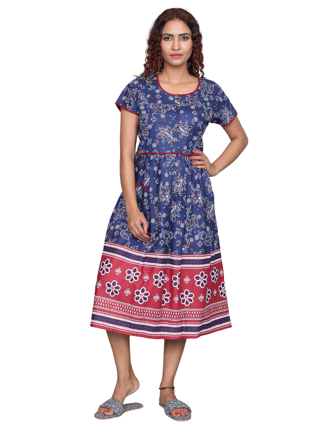 Women’s Navy Blue Printed Ankle Length Nighty (ANGCO3152NY)