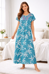 🌸 Alpine Women’s Printed Long Nightgown | Short Sleeves | Full-Length | Side Pocket | Soft Comfortable Nightwear