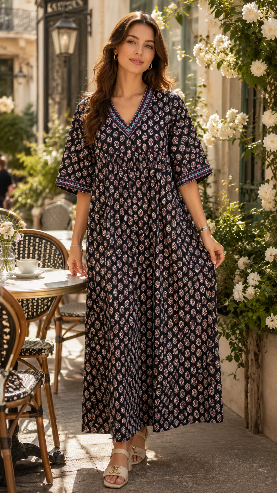 Women’s 100% Pure Cotton Printed Embroidered Maxi Nightgown | Comfortable Loose Fit Long Night Dress | Soft Breathable Nightwear with Short Sleeves