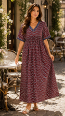 Women’s 100% Pure Cotton Printed Embroidery Maxi Nightgown | Comfortable Loose Fit Long Night Dress | Soft Breathable Nightwear with Short Sleeves