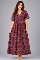 Women’s 100% Pure Cotton Printed Embroidery Maxi Nightgown | Comfortable Loose Fit Long Night Dress | Soft Breathable Nightwear with Short Sleeves