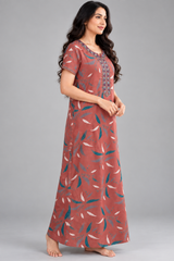 Alpine Women’s Printed Long Nightgown – Short Sleeve Floral Leaf Print with Embroidered Neckline