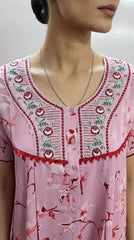 Alpine Designer Long embroidered Nighty for Women with Side Pocket | Soft Breathable Fabric | Printed Maxi Nighty | Comfortable Daily Wear