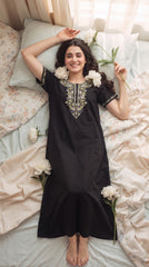 Women's Designer Kashmiri Embroidered Long Nightgown | Premium Bizzy Lizzy Fabric | Full Length Maxi Nighty | Soft, Breathable & Comfortable Sleepwear | Daily Wear & Lounge Wear