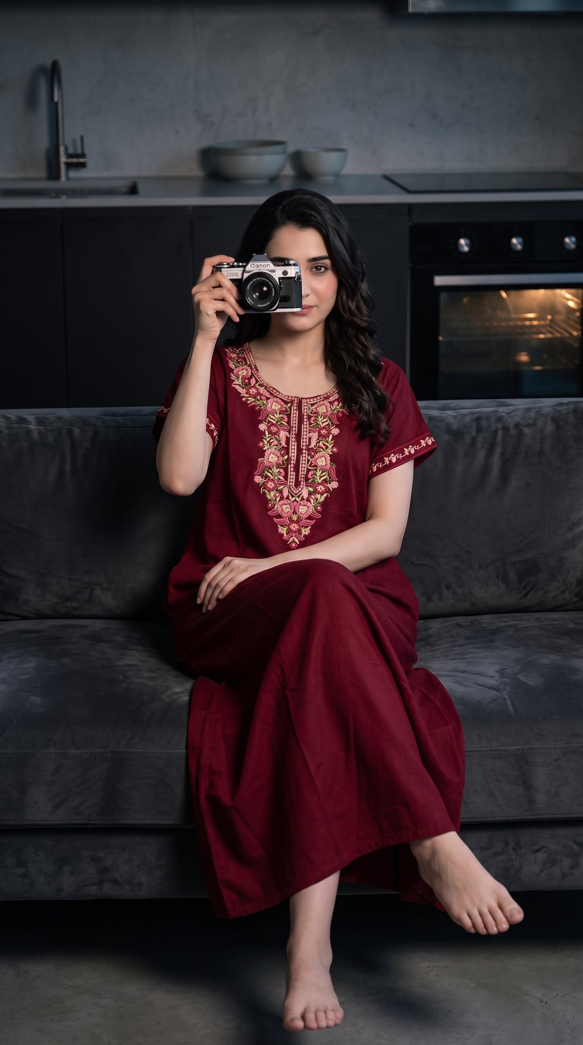 Women's Designer Kashmiri Embroidered Long Nightgown | Premium Bizzy Lizzy Fabric | Full Length Maxi Nighty | Soft, Breathable & Comfortable Sleepwear | Daily Wear & Lounge Wear