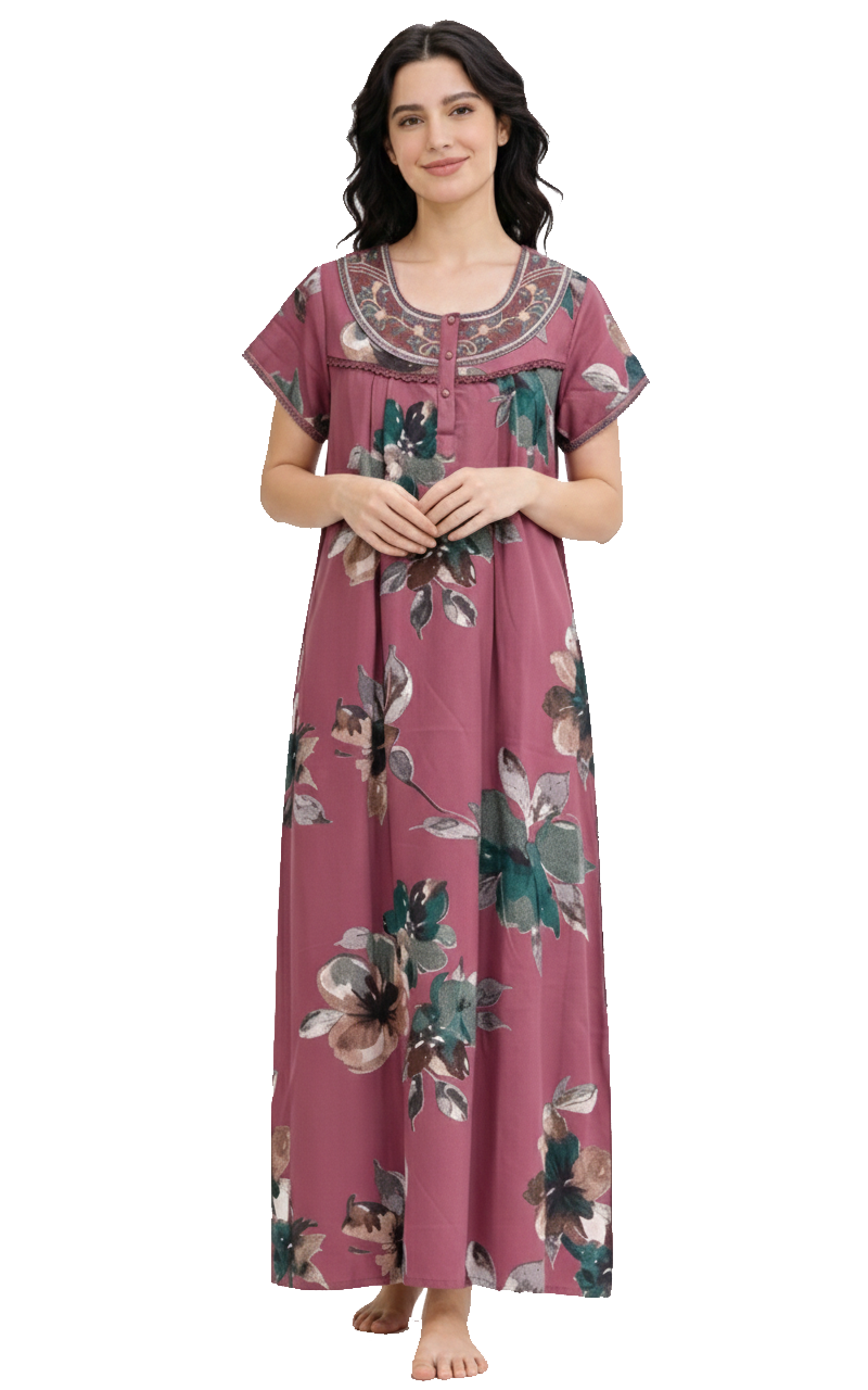🌸 Alpine Women’s Printed Long Nightgown | Short Sleeves | Full-Length | Side Pocket | Soft Comfortable Nightwear