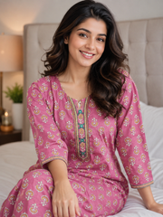 Evolove Women's Pure Cotton Printed Embroidered Kurta Only for Women