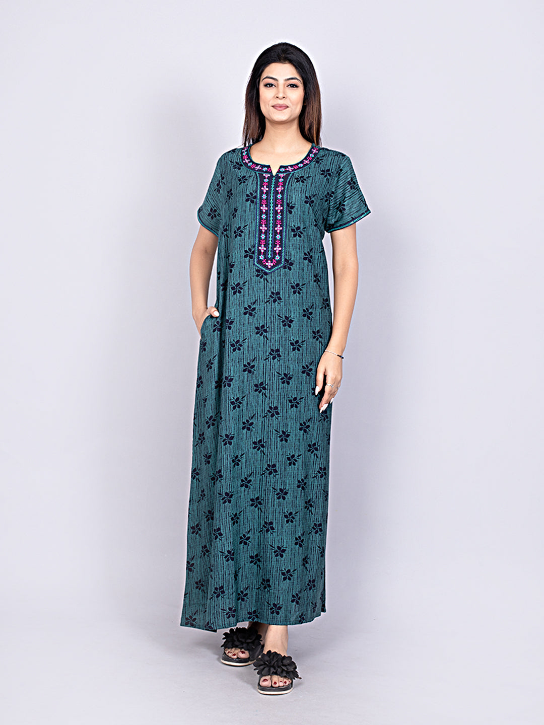 Printed Short Sleeves Full Length Night Wear Gown