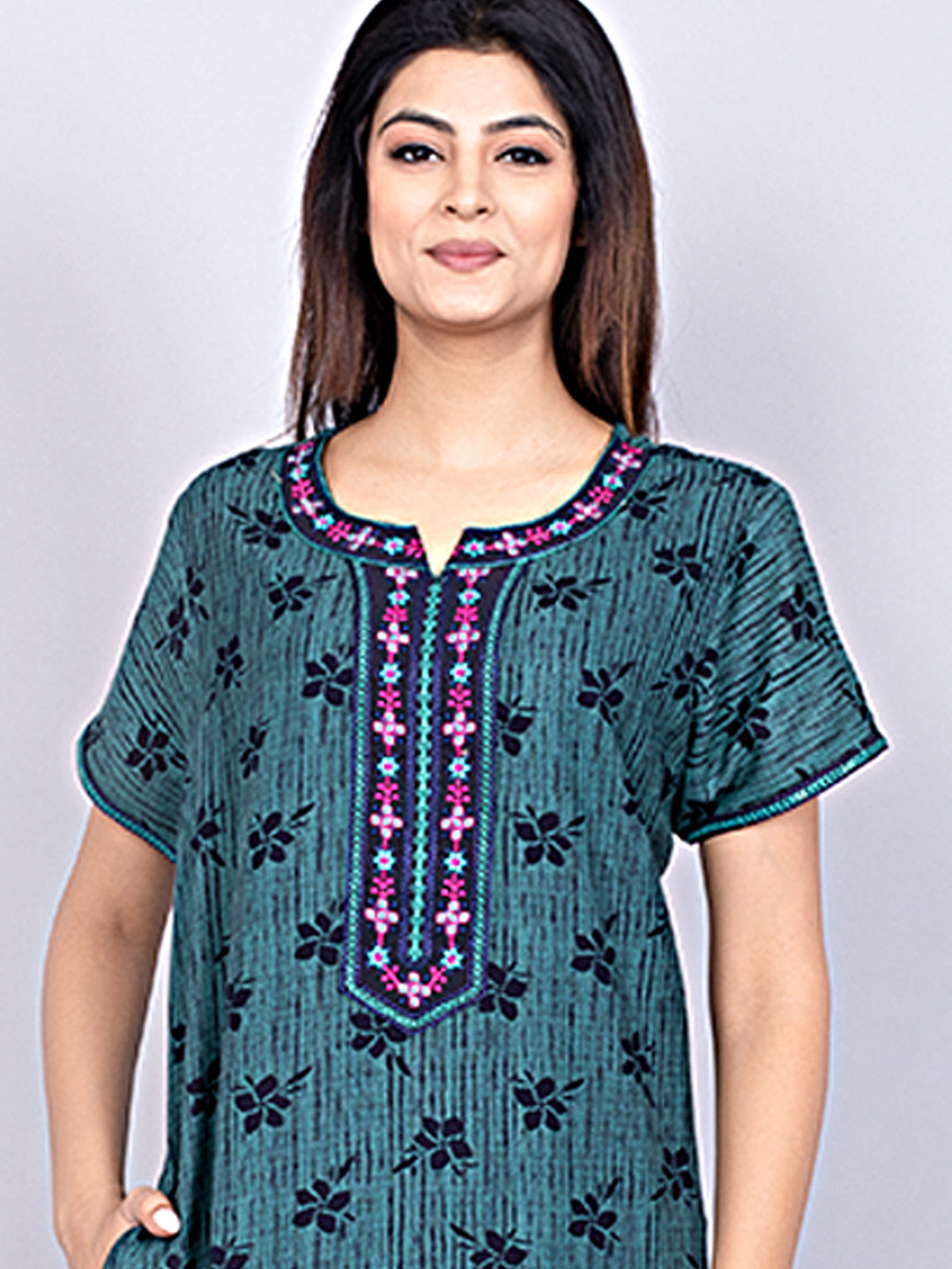 Printed Short Sleeves Full Length Night Wear Gown