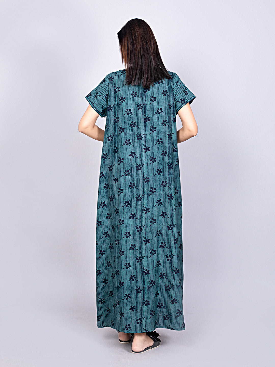 Printed Short Sleeves Full Length Night Wear Gown