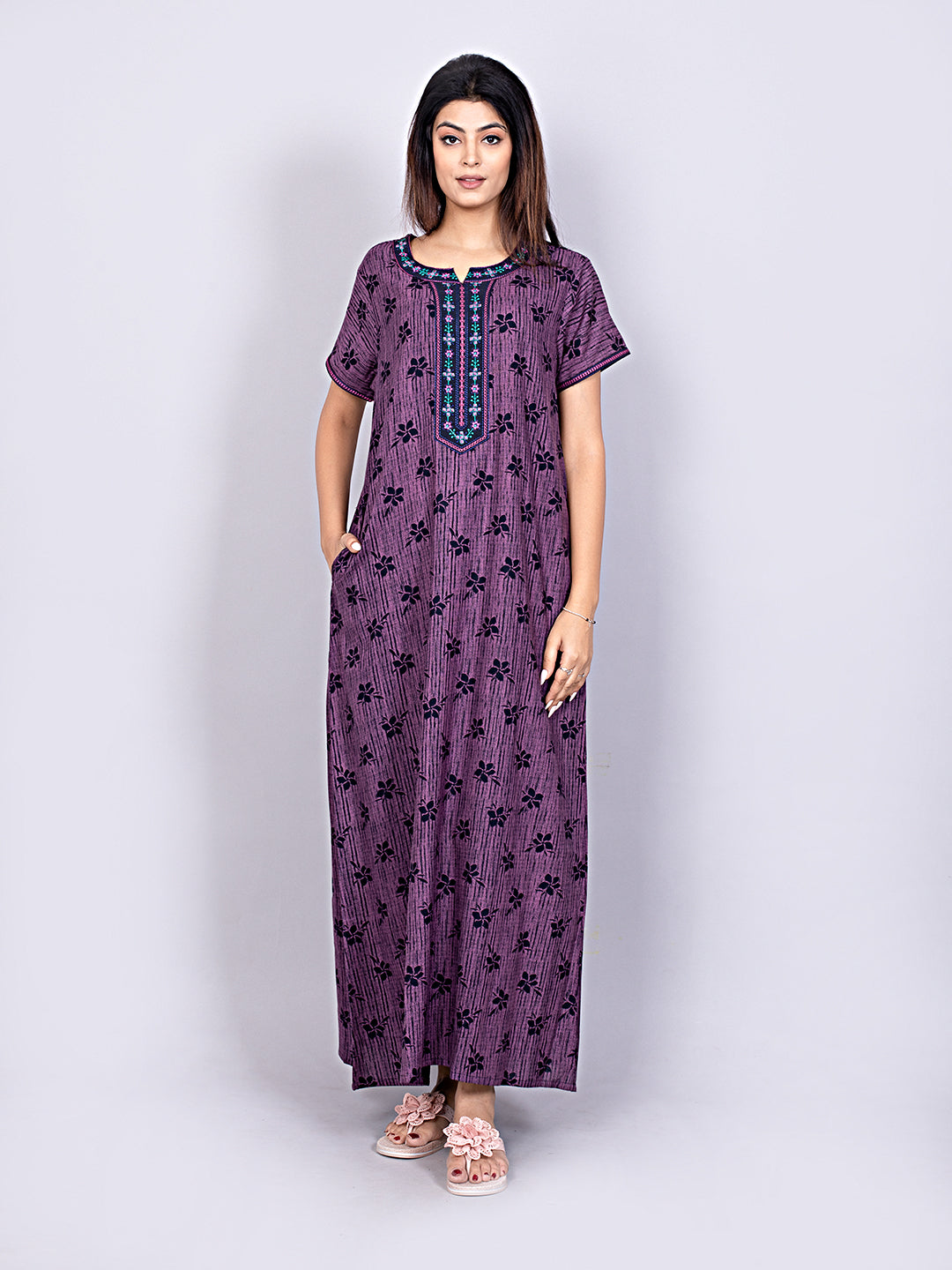 Printed Short Sleeves Full Length Night Wear Gown