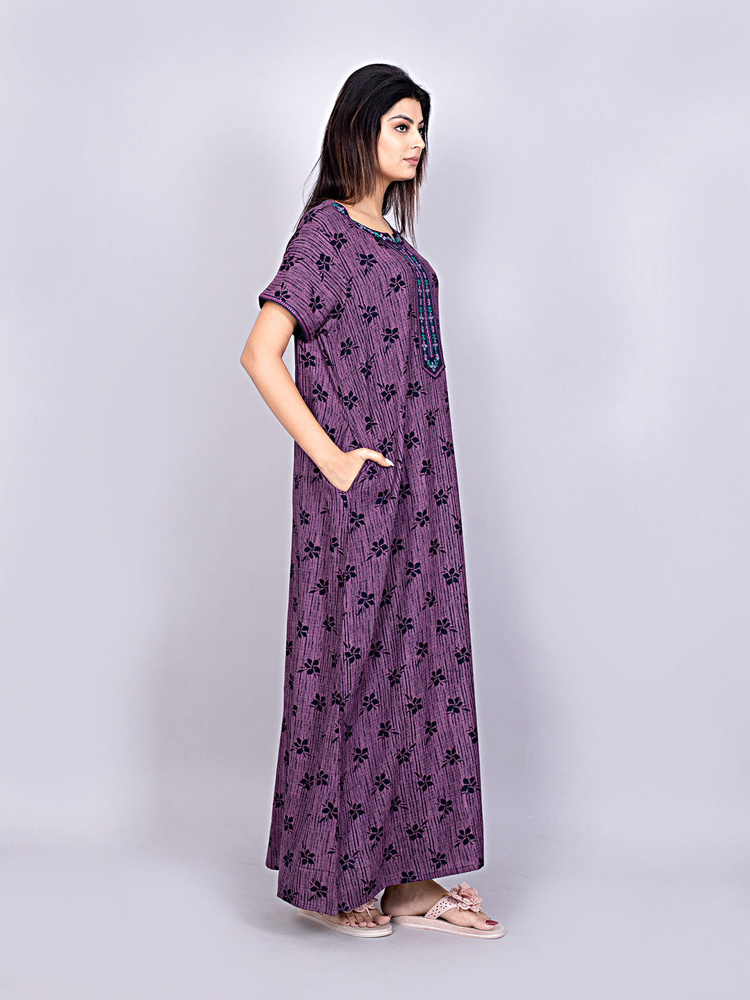 Printed Short Sleeves Full Length Night Wear Gown