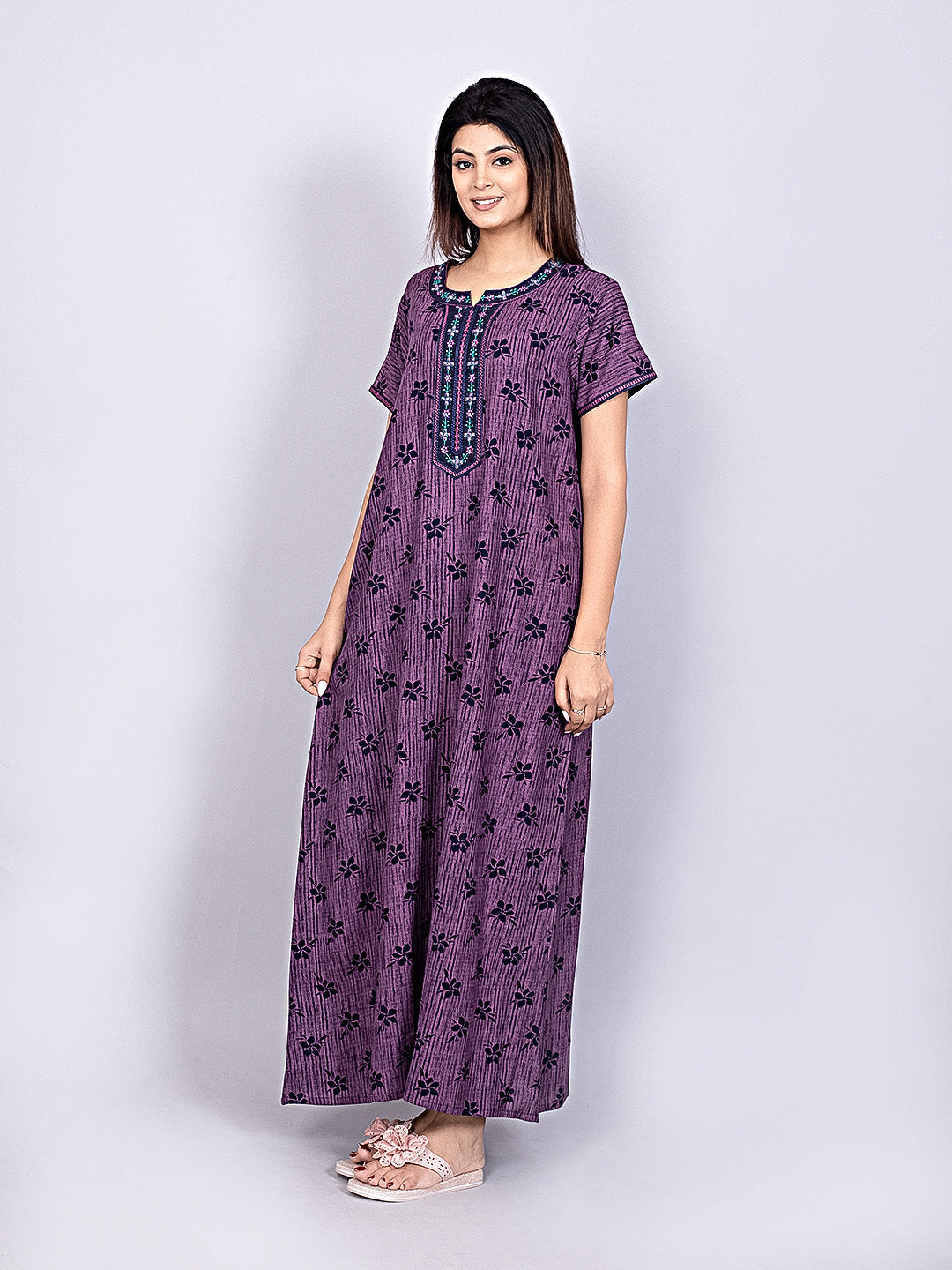 Printed Short Sleeves Full Length Night Wear Gown