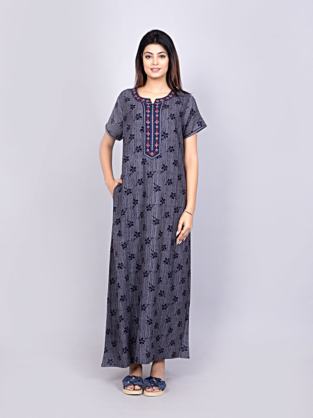 Printed Short Sleeves Full Length Night Wear Gown