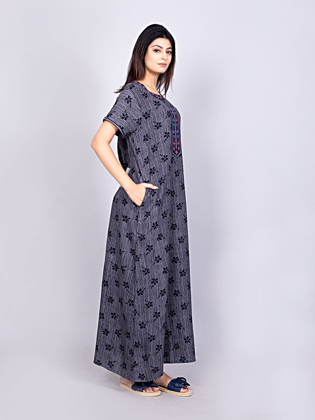 Printed Short Sleeves Full Length Night Wear Gown