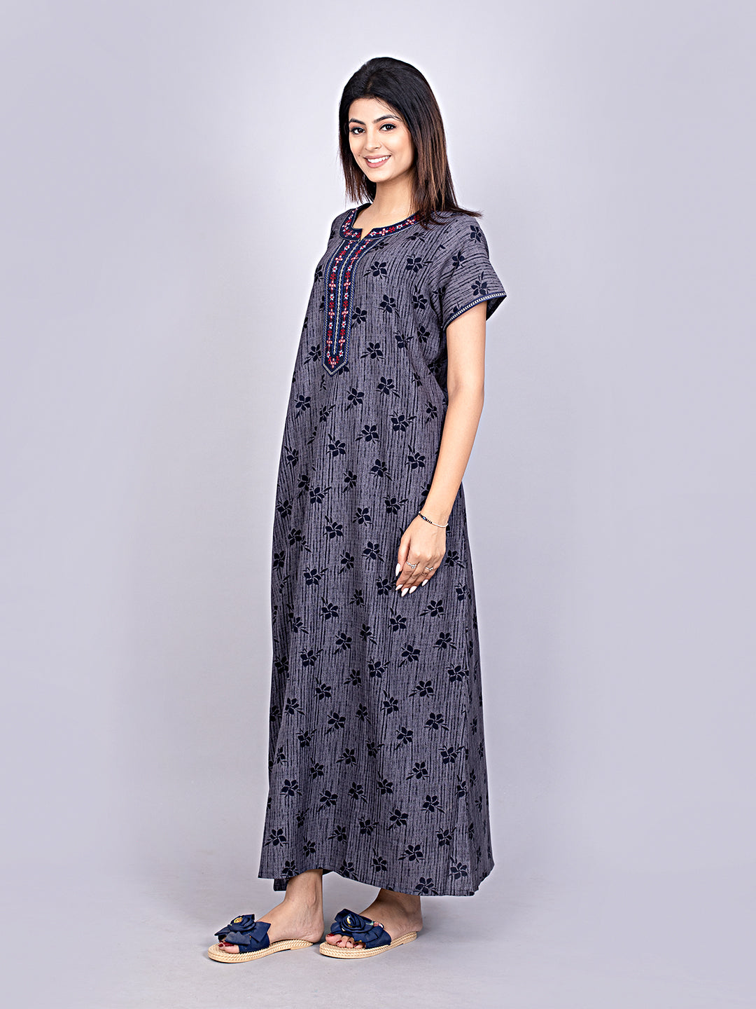 Printed Short Sleeves Full Length Night Wear Gown