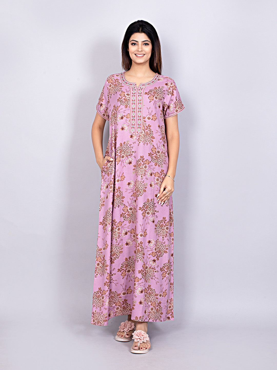 Printed Short Sleeves Full Length Night Wear Gown