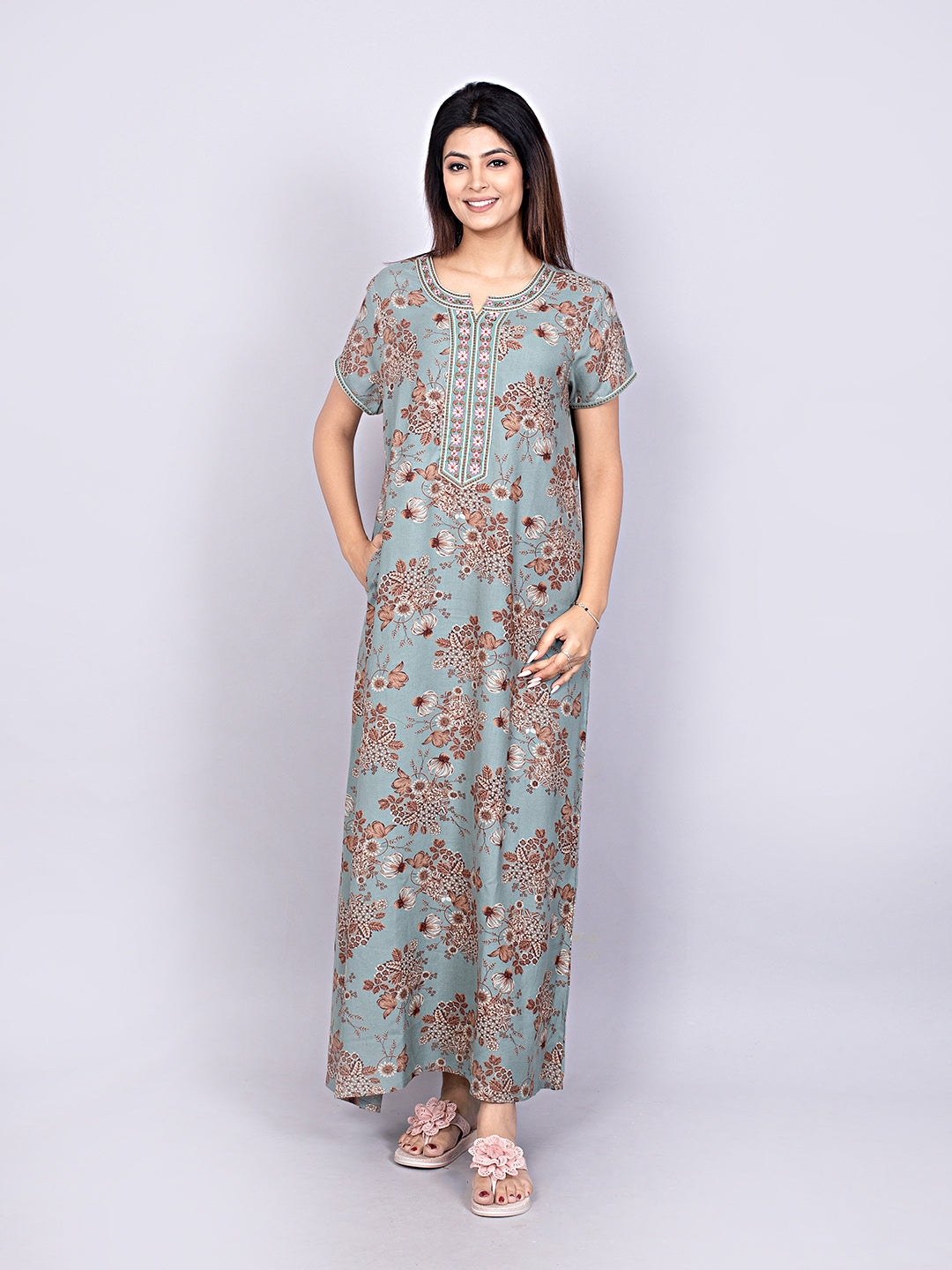 Printed Short Sleeves Full Length Night Wear Gown