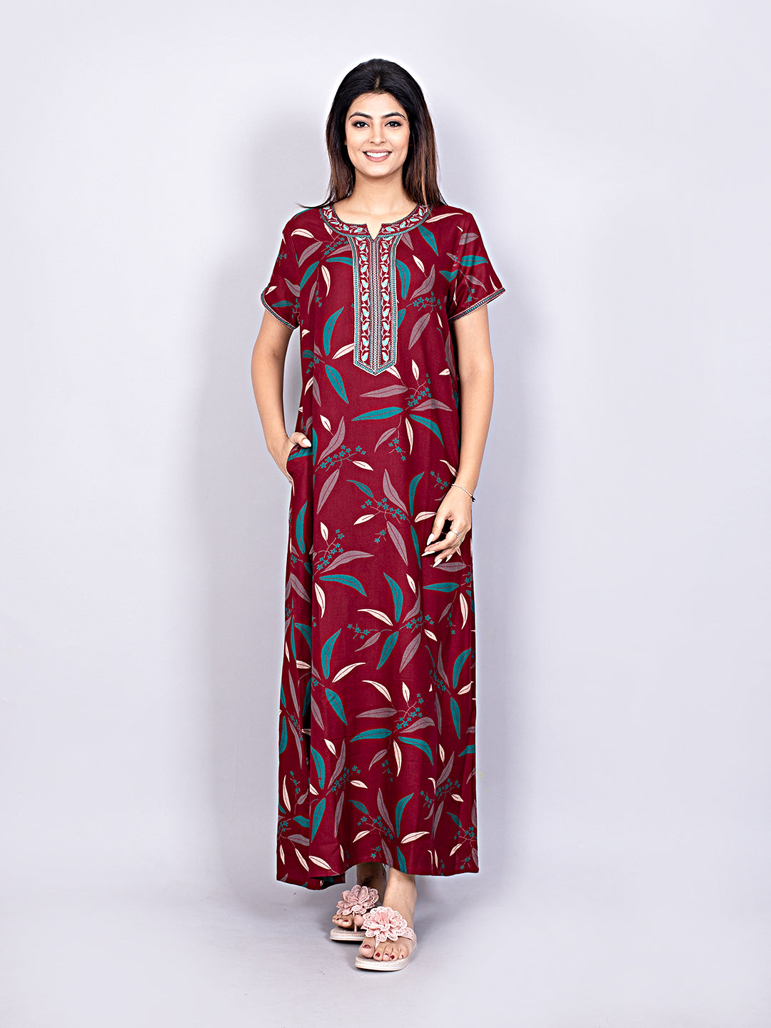 Printed Short Sleeves Full Length Night Wear Gown